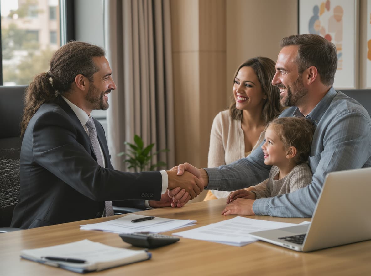 Insurance broker shaking hands with family in office