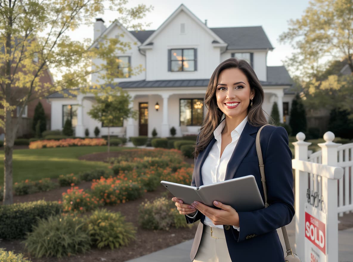 Real estate agent with tablet in front of luxury home with SOLD sign